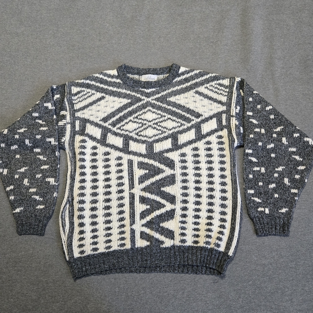 Vintage Sweater Womens Size Medium JJ Cochran Grey White Geometric Made In USA